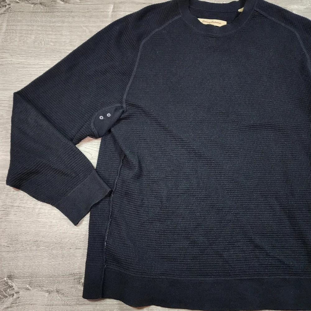 TOMMY BAHAMA Cashmere Cotton Black Waffle Knit Thermal Pullover Top Men's Medium